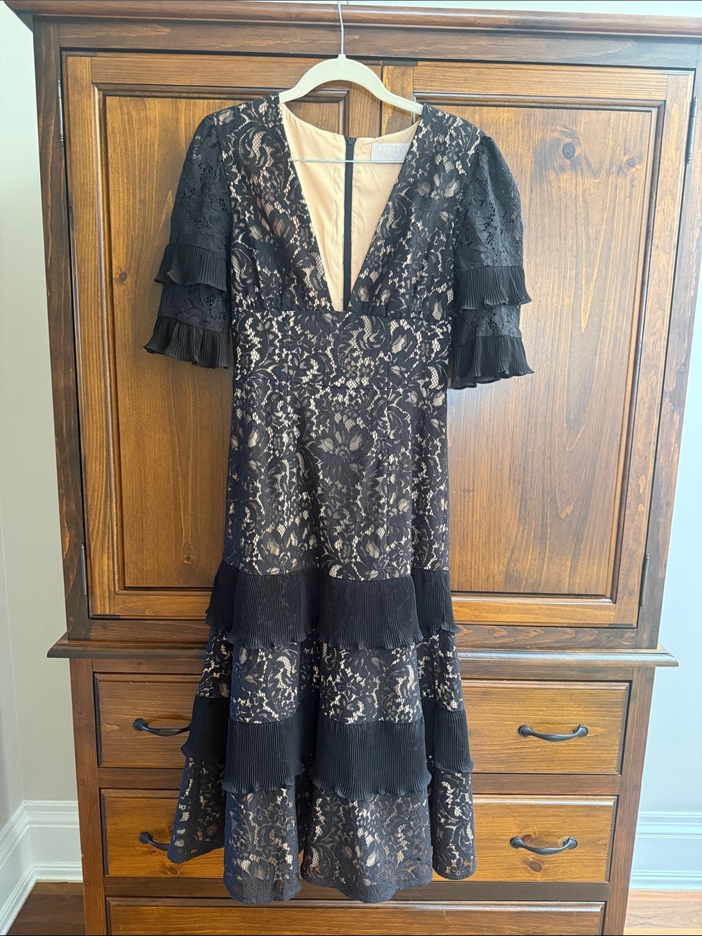 KEEPSAKE the Label Black Lace Tiered Midi Dress with Nude Underlay